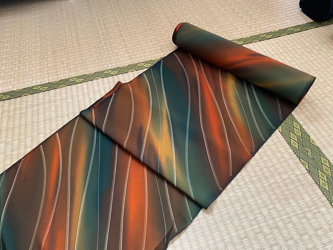 反物　丹後ちりめん　絹　正絹　茶　オレンジ　着物　未仕立て/i018