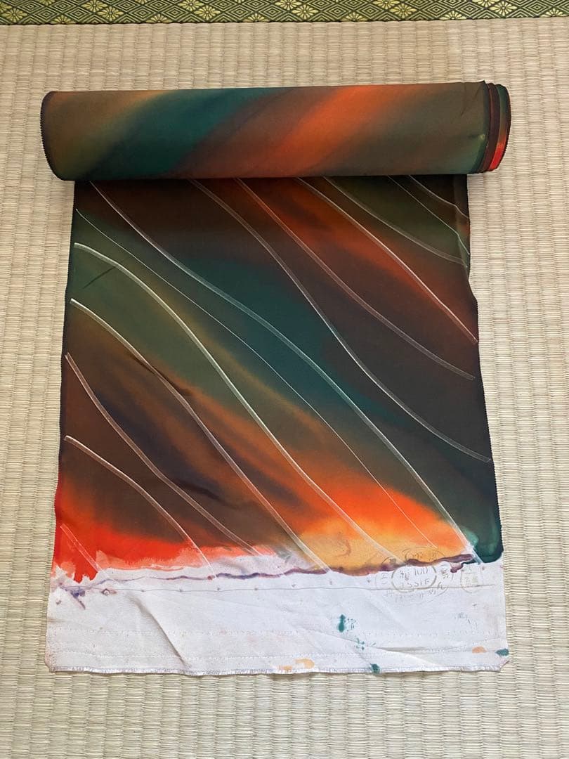 反物　丹後ちりめん　絹　正絹　茶　オレンジ　着物　未仕立て/i018