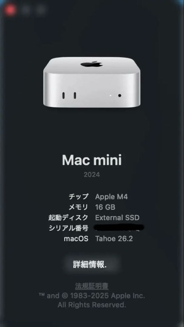 新品同様 Mac mini M4/16G/256GB アップル公式ストア購入品