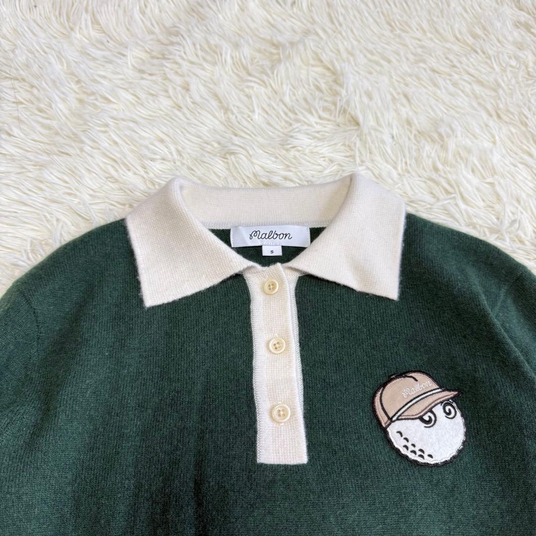 【マルボンゴルフ】美品 ポロシャツ グリーン ワッペン カシミヤ S レディース