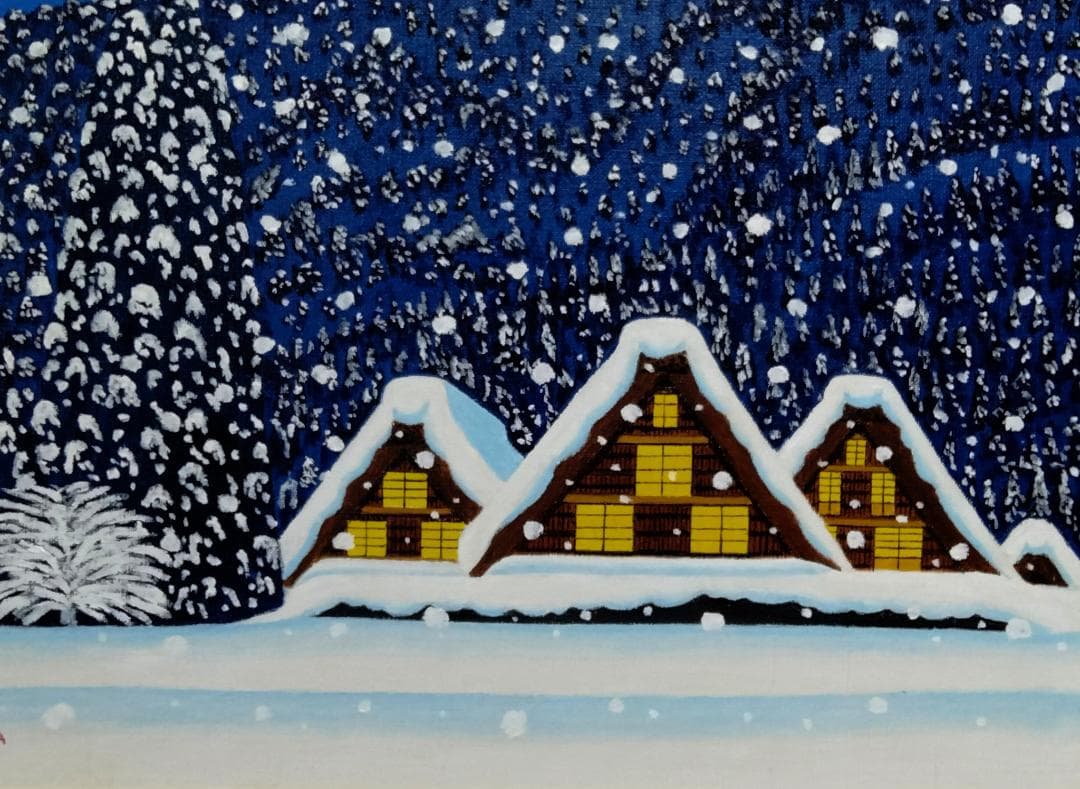 ★雪降る夜の白川郷・肉筆油彩画・F6キャンバス