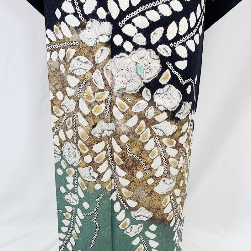 602mh1☆訪問着 辻が花絞り染 金彩 ラメ箔 地紋 黒☆状態良好