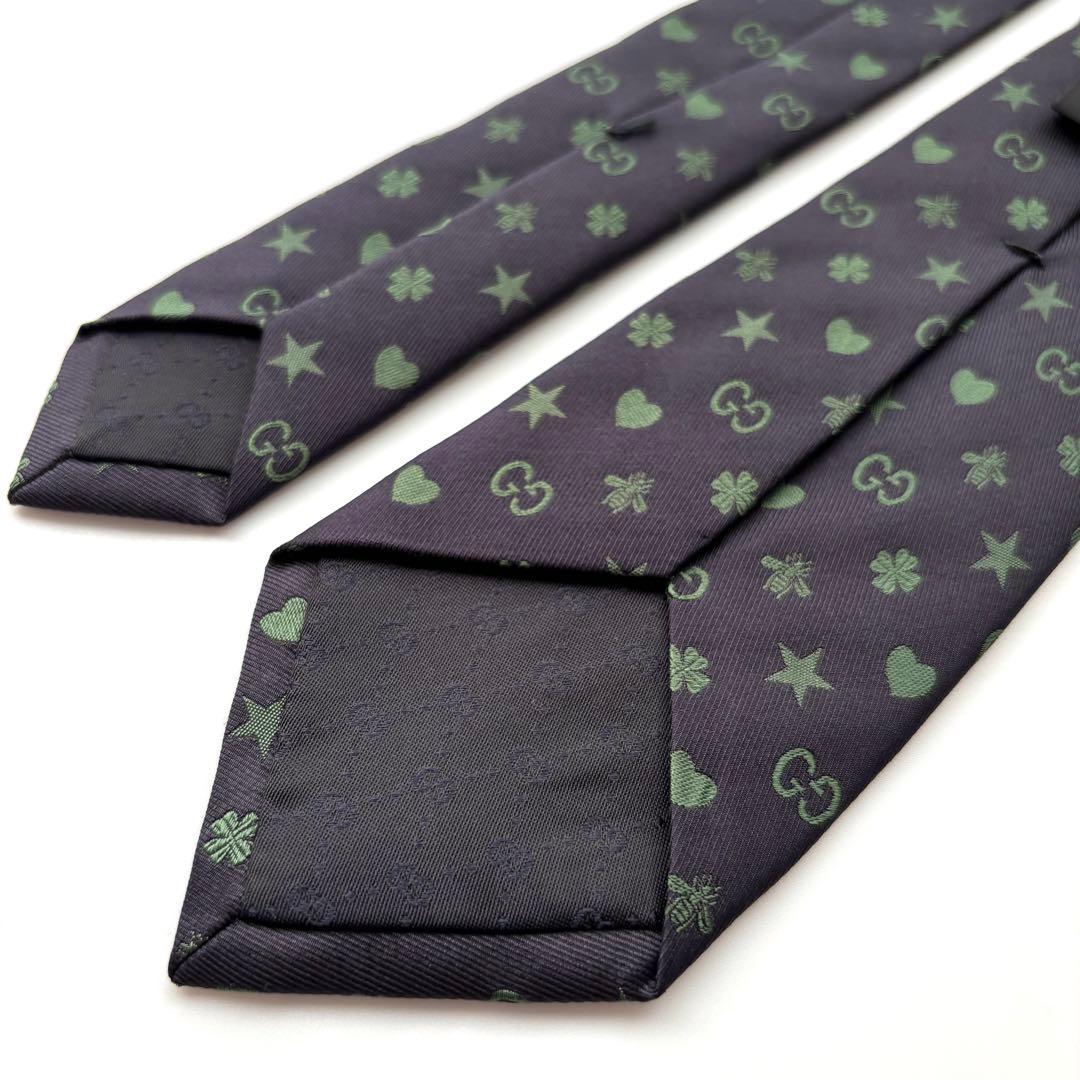 ꧁極美品꧂ グッチ ネクタイ ナロータイ GG柄 星 ハチ ハート ネイビー