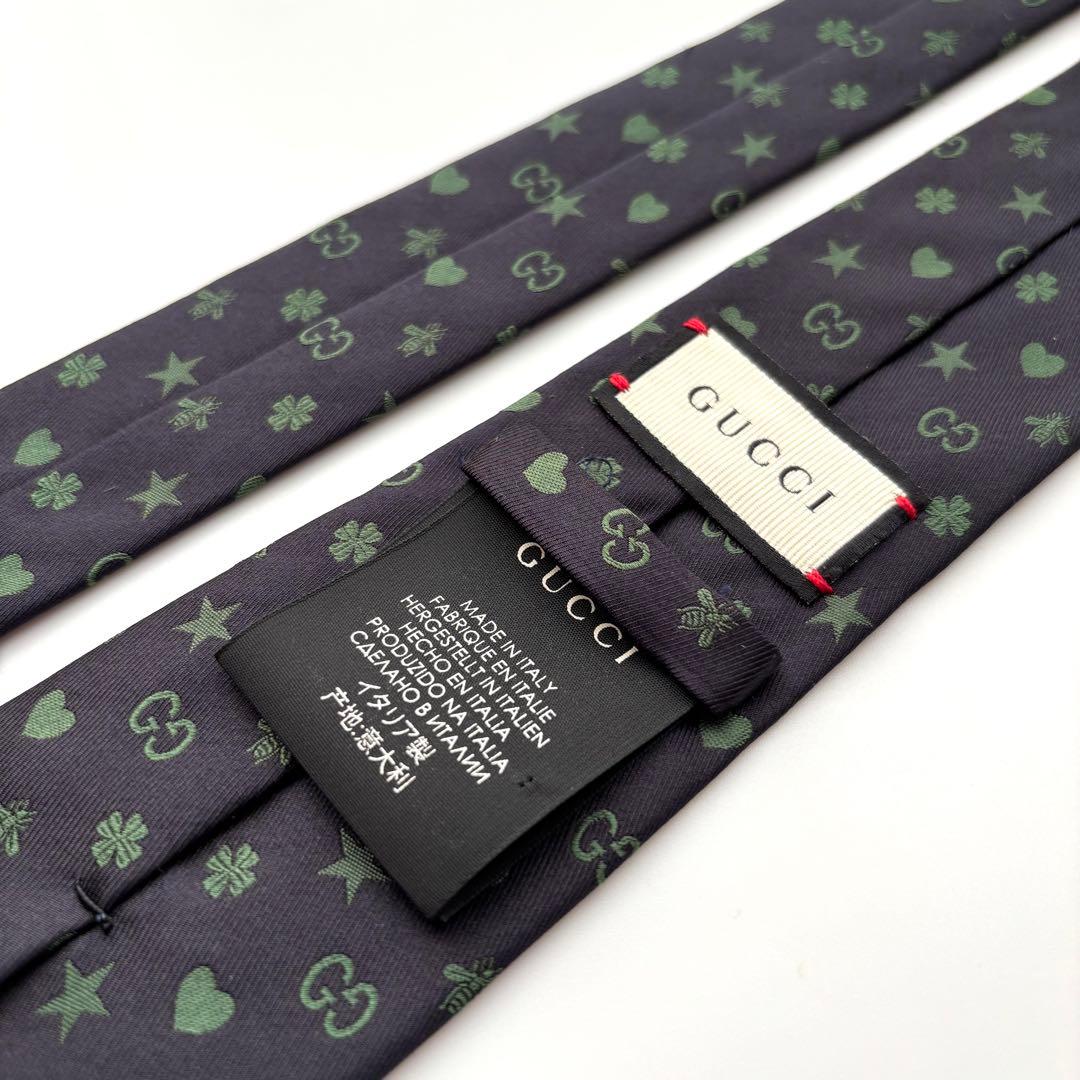 ꧁極美品꧂ グッチ ネクタイ ナロータイ GG柄 星 ハチ ハート ネイビー