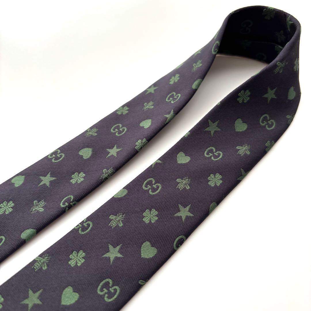 ꧁極美品꧂ グッチ ネクタイ ナロータイ GG柄 星 ハチ ハート ネイビー