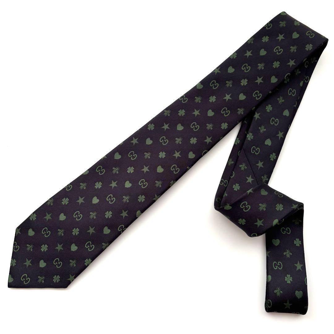 ꧁極美品꧂ グッチ ネクタイ ナロータイ GG柄 星 ハチ ハート ネイビー