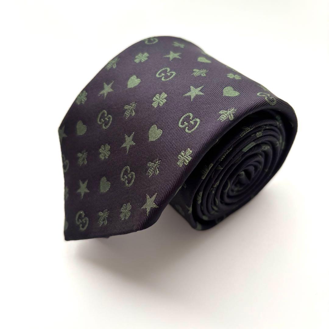 ꧁極美品꧂ グッチ ネクタイ ナロータイ GG柄 星 ハチ ハート ネイビー