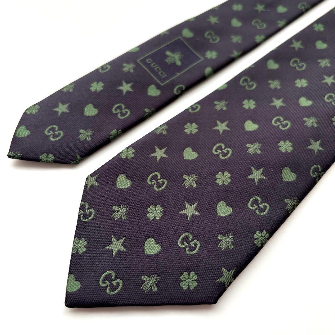 ꧁極美品꧂ グッチ ネクタイ ナロータイ GG柄 星 ハチ ハート ネイビー