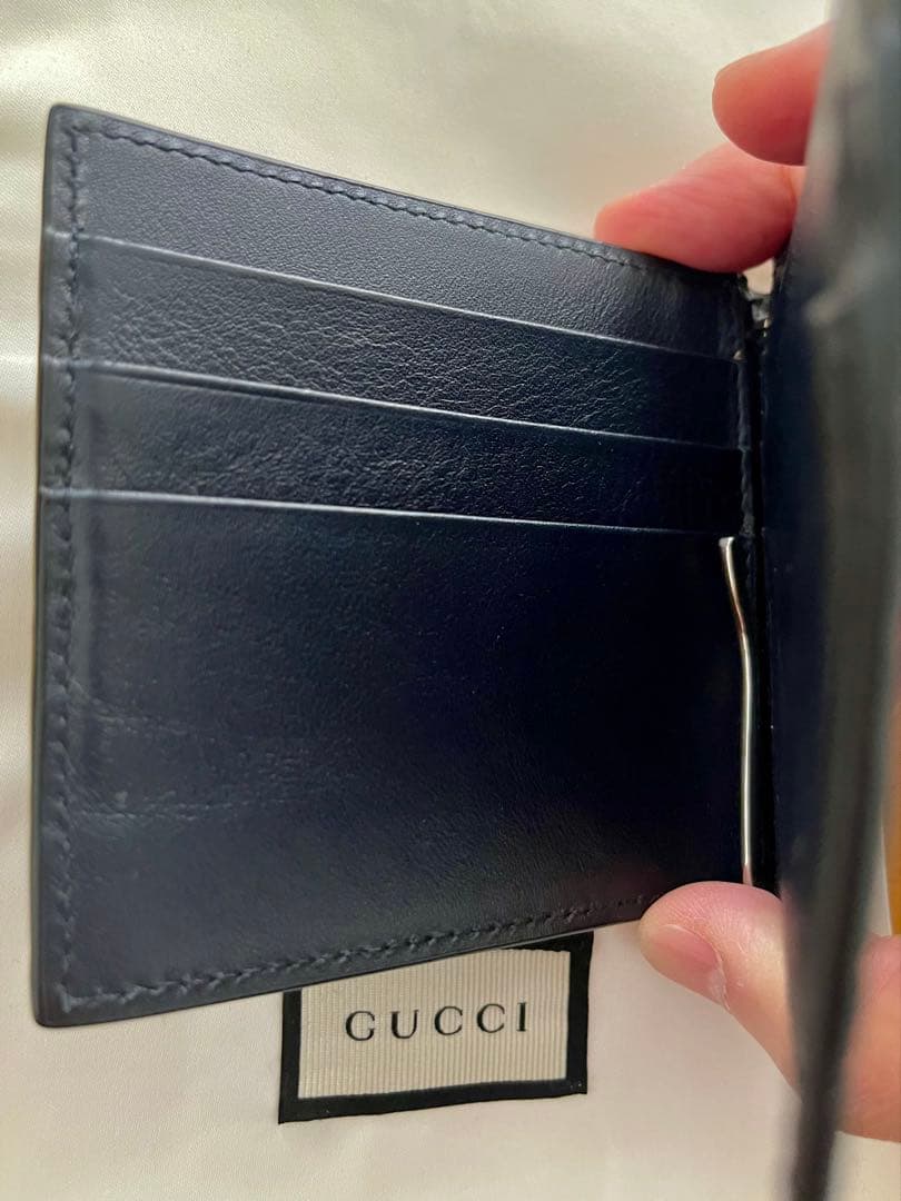 レザー マネークリップ　ネイビー　GG マイクロシマ　GUCCI