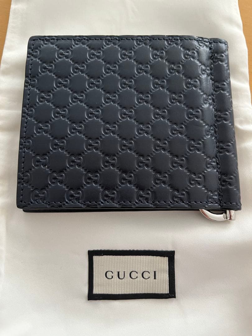 レザー マネークリップ　ネイビー　GG マイクロシマ　GUCCI