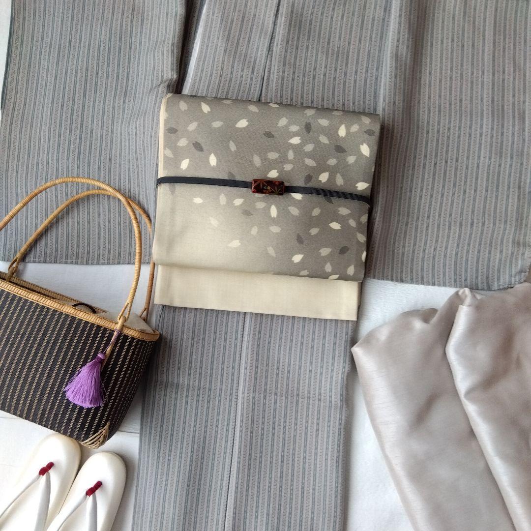 ◆未使用美品◆袋帯 花吹雪 グレーベージュ 紬正絹 小紋 付下げ お花見 観劇