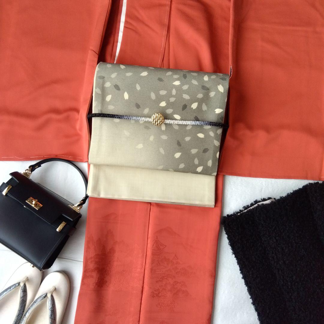 ◆未使用美品◆袋帯 花吹雪 グレーベージュ 紬正絹 小紋 付下げ お花見 観劇