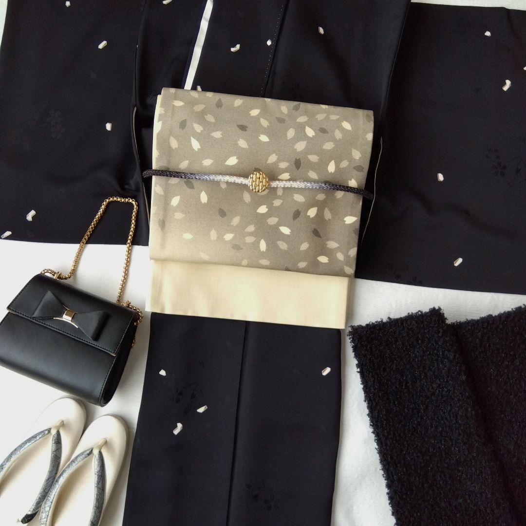 ◆未使用美品◆袋帯 花吹雪 グレーベージュ 紬正絹 小紋 付下げ お花見 観劇