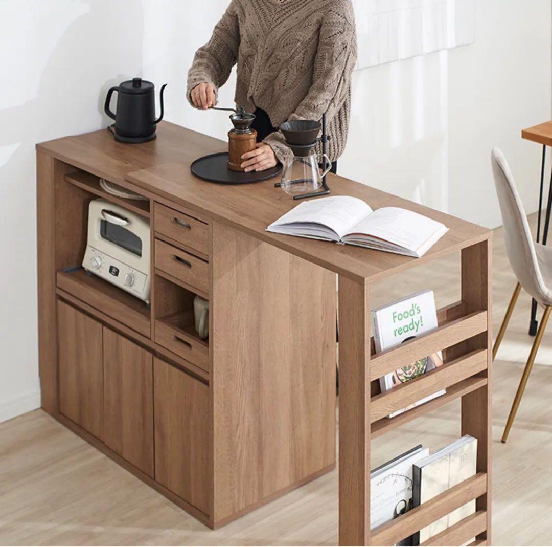 伸縮式キッチンカウンター 食器棚 LOWYA 組み立て済にて配送