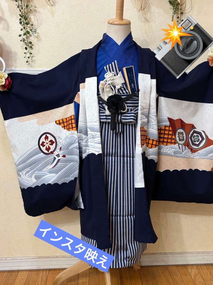 七五三 五歳‼️紺地鷹凛々しい金彩煌びやか❤️完全フルセット