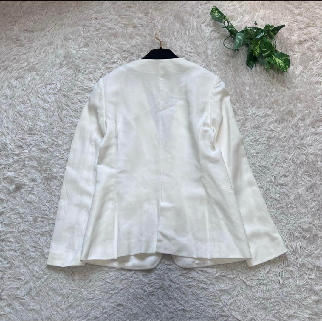 美品 現行 ベイジ セットアップスーツ ノーカラージャケット リネン混 スカート