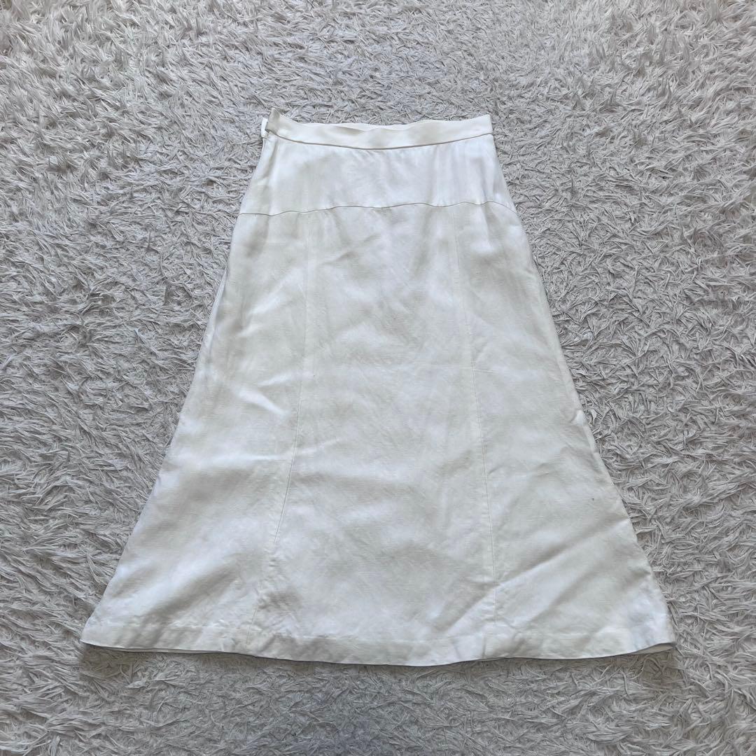 美品 現行 ベイジ セットアップスーツ ノーカラージャケット リネン混 スカート