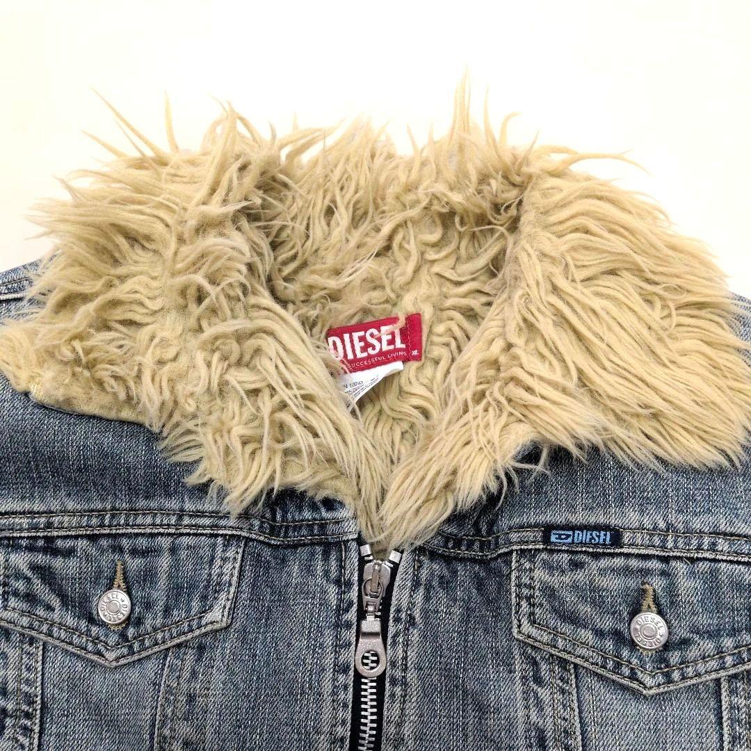 ディーゼル フリンジ風ファー付きデニムジャケット XL ブルー青 ユニセックス