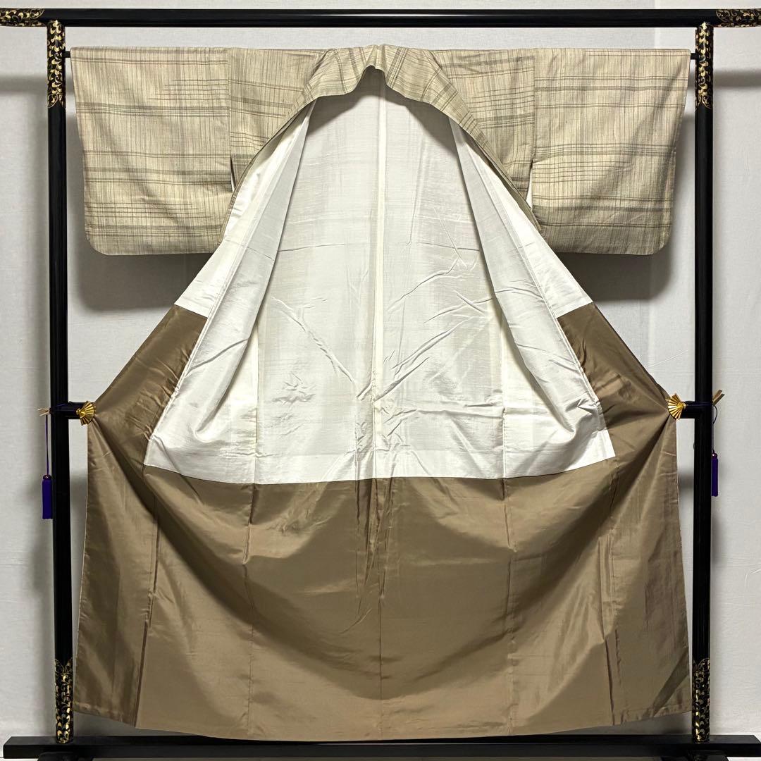 m131＋　D147 雪花紬　五代目　諏訪好風　チェック柄　正絹　着物袷　極美品