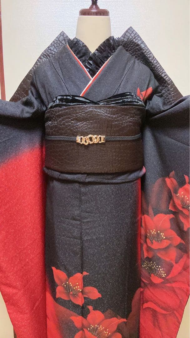 振袖フルセット　正絹振袖成人式　振袖6点セット　クロコ黒帯