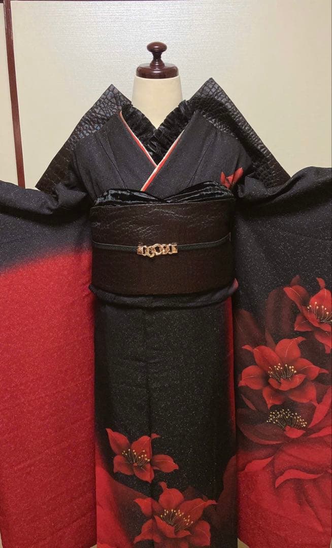 振袖フルセット　正絹振袖成人式　振袖6点セット　クロコ黒帯