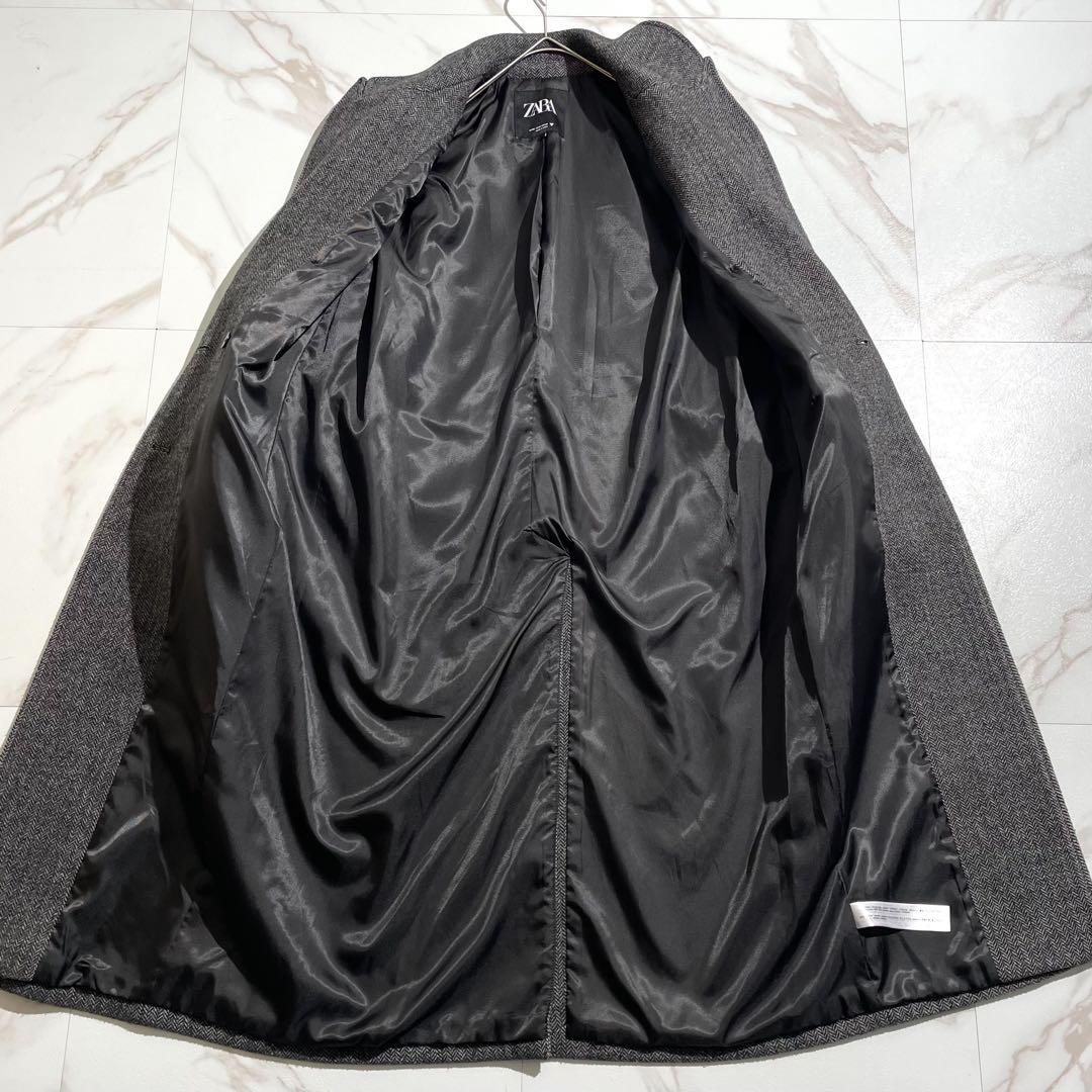 極美品 近年 ザラ チェスターコート マキシ丈 ヘリンボーン ダブルブレスト M