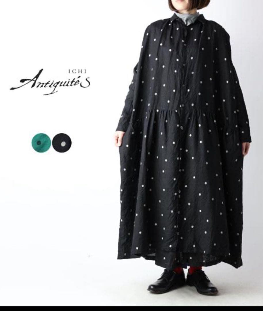 ◼︎新品　ICHI Antiquités リネン ワンピース　ドット柄 Black
