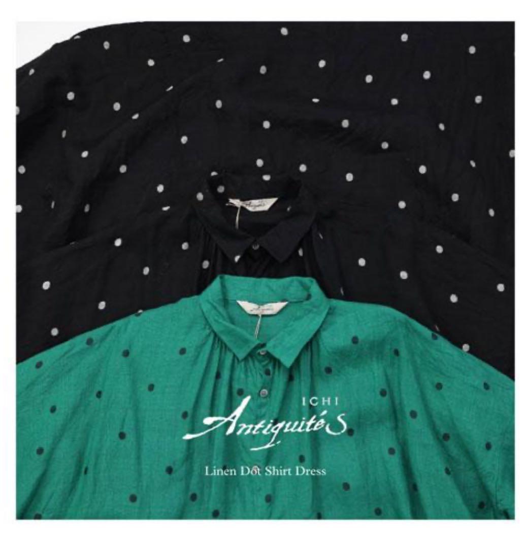 ◼︎新品　ICHI Antiquités リネン ワンピース　ドット柄 Black