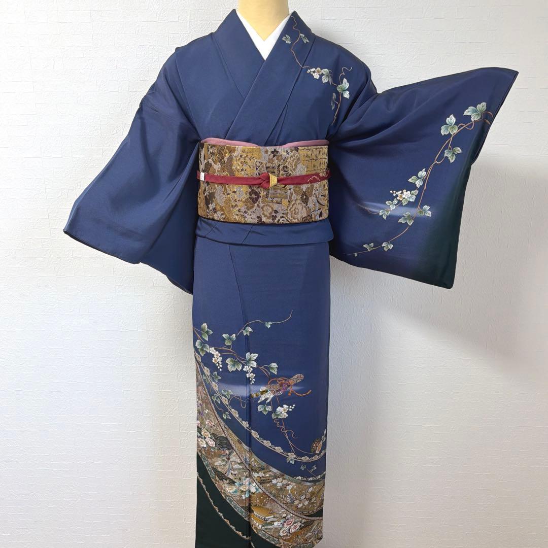 494 訪問着フルセット 正絹 紺 ネイビー 金銀彩 暈し染め フォーマル 上品