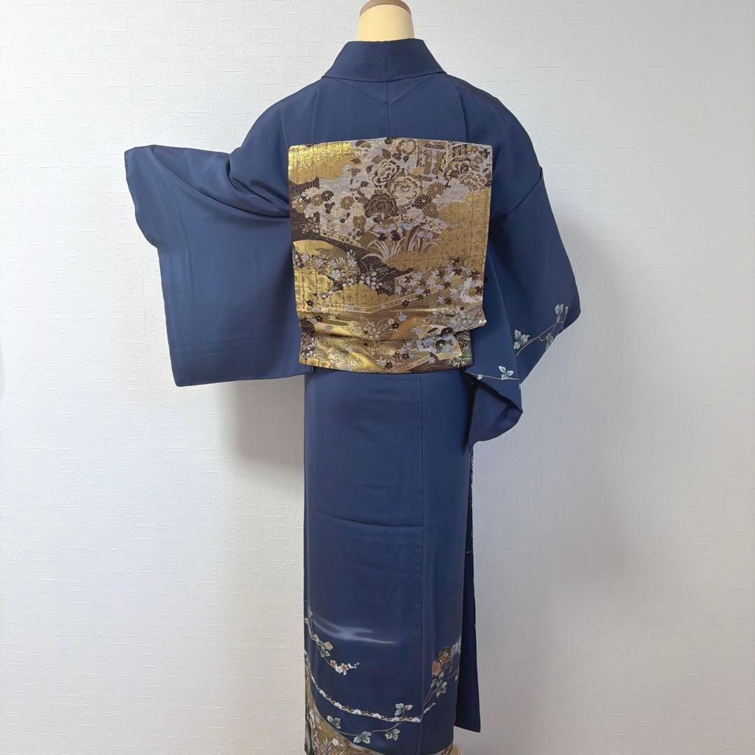 494 訪問着フルセット 正絹 紺 ネイビー 金銀彩 暈し染め フォーマル 上品