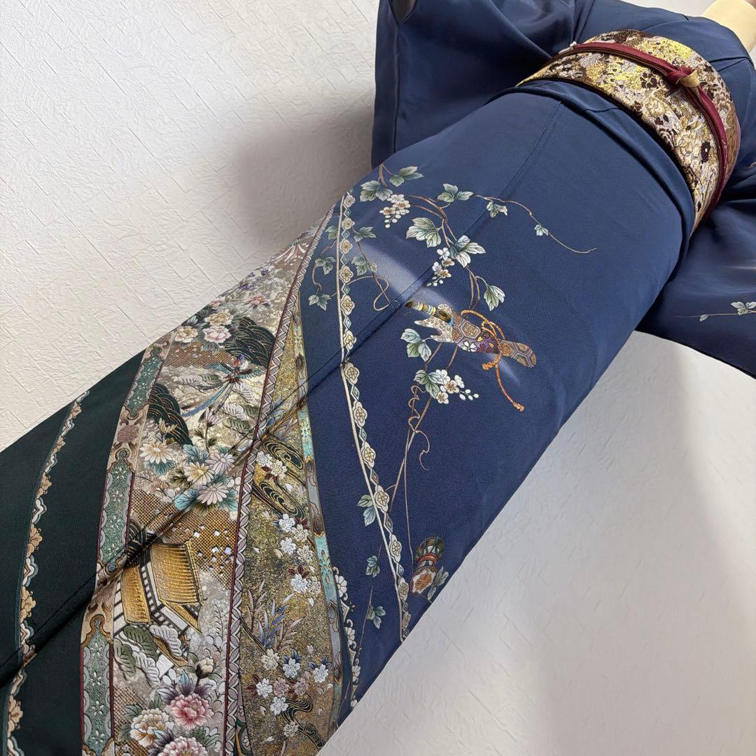494 訪問着フルセット 正絹 紺 ネイビー 金銀彩 暈し染め フォーマル 上品