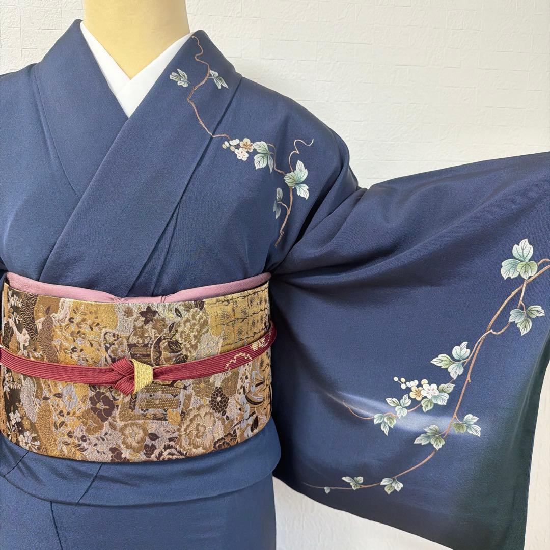 494 訪問着フルセット 正絹 紺 ネイビー 金銀彩 暈し染め フォーマル 上品