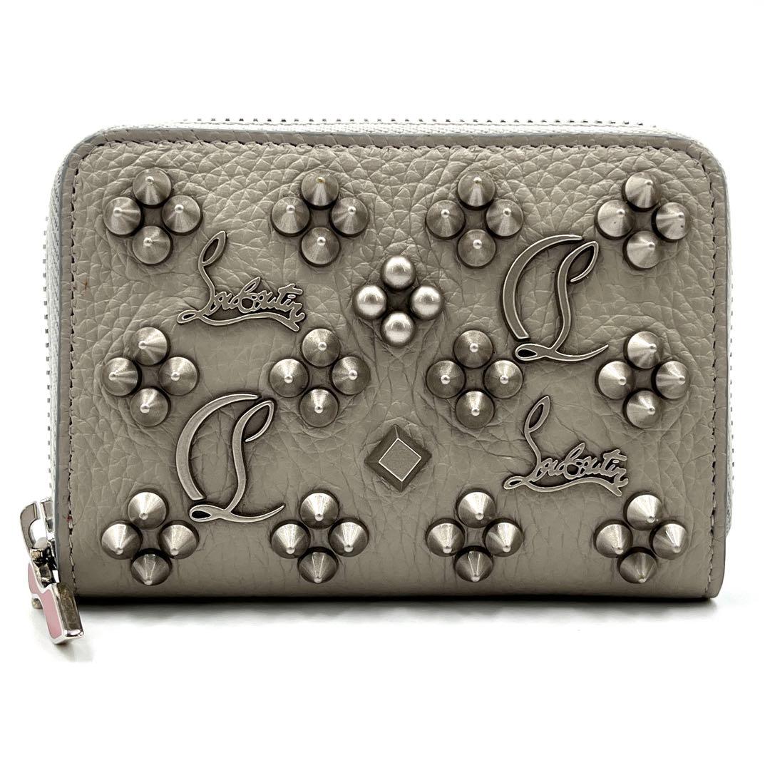 未使用保管品 クリスチャンルブタン ケース スタッズ レザー ロゴ グレー