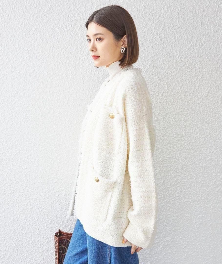 【完売希少】23AW シップス　ニットツイードクルーネックカーディガン　金ボタン