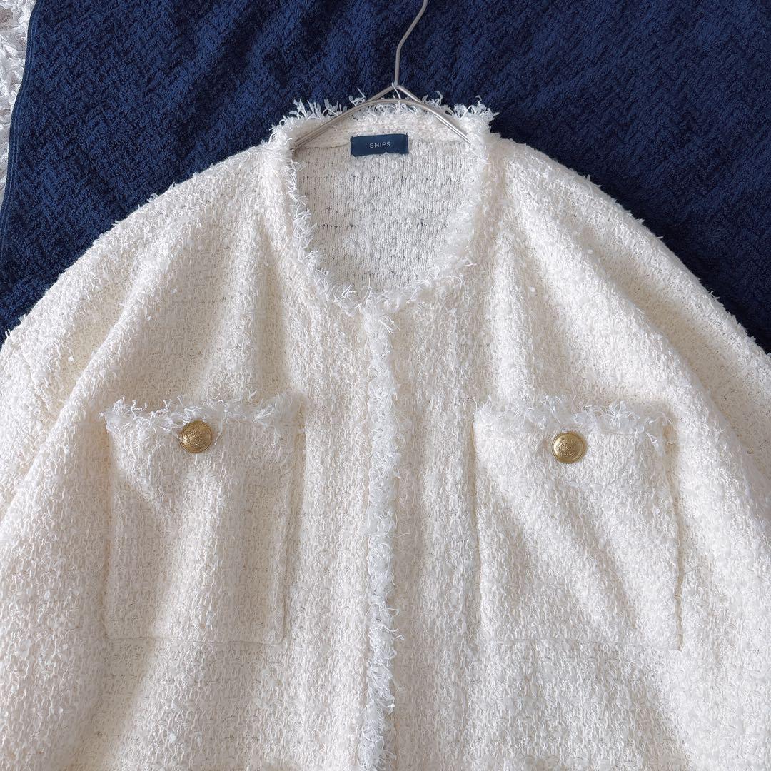 【完売希少】23AW シップス　ニットツイードクルーネックカーディガン　金ボタン