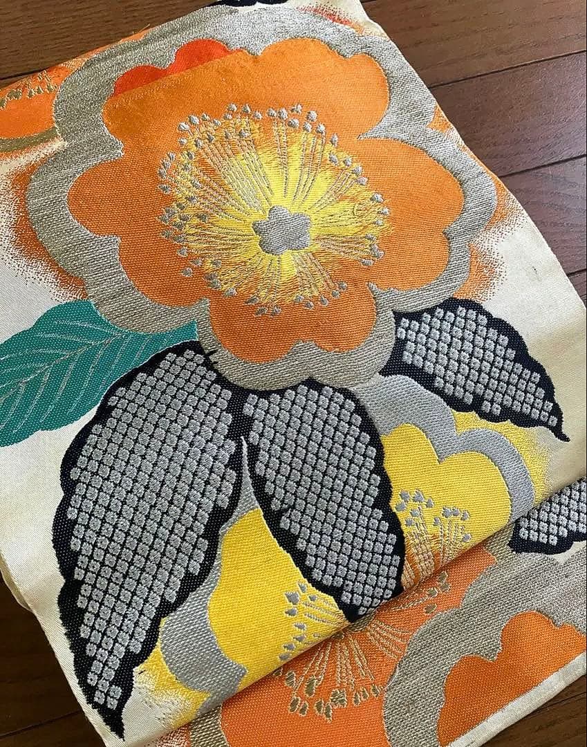 【レア！アンティーク、大正ロマン】ビタミンカラーの梅が可愛い！☆正絹 名古屋帯