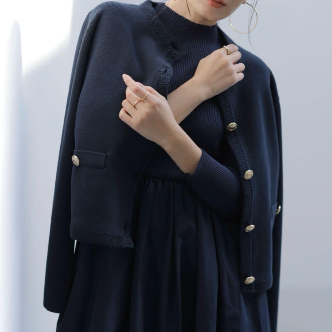 【新品】【ZOZO限定】オリジナルボタンノーカラーニットジャケット/ネイビー