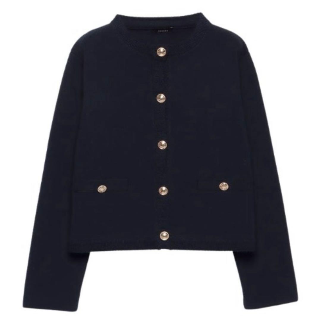 【新品】【ZOZO限定】オリジナルボタンノーカラーニットジャケット/ネイビー