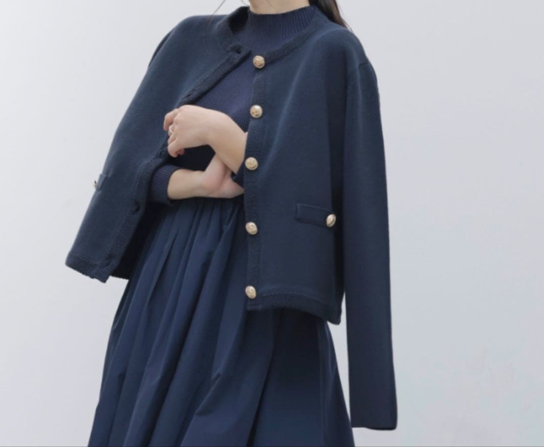 【新品】【ZOZO限定】オリジナルボタンノーカラーニットジャケット/ネイビー