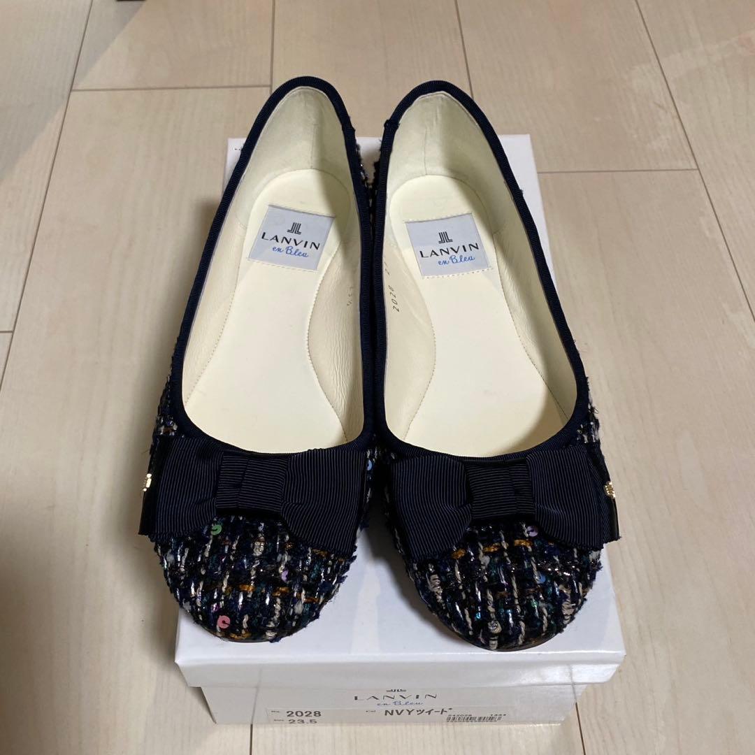 LANVINenBleuリボン付ツイードバレエシューズ23.5cm ネイビー
