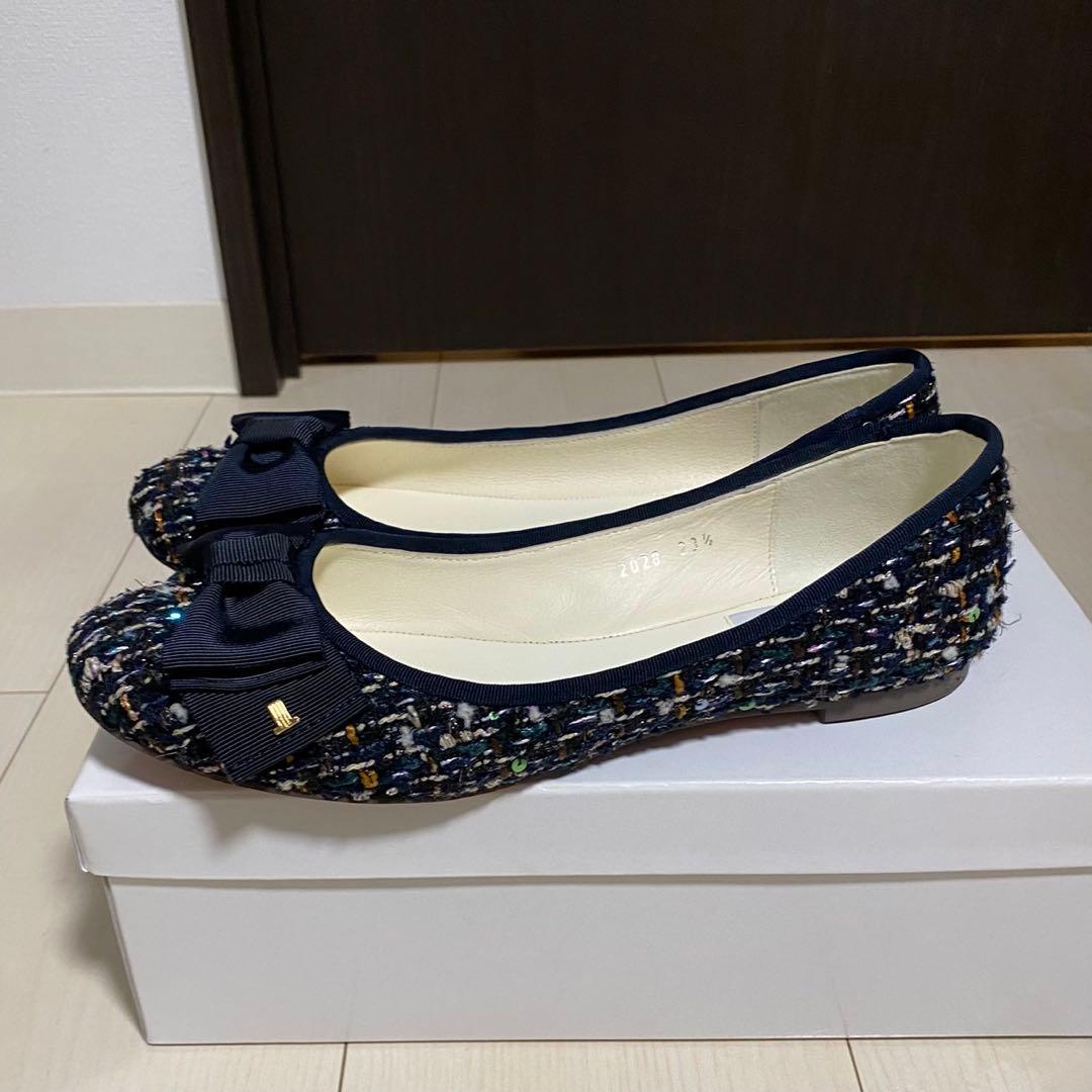 LANVINenBleuリボン付ツイードバレエシューズ23.5cm ネイビー
