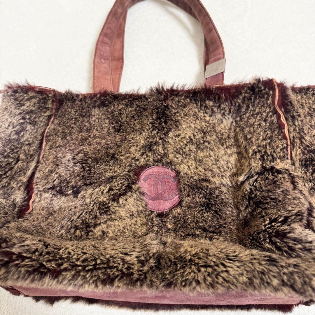 【美品】シャネル CHANEL トートバッグ ラビットファー ブラウン ボルドー