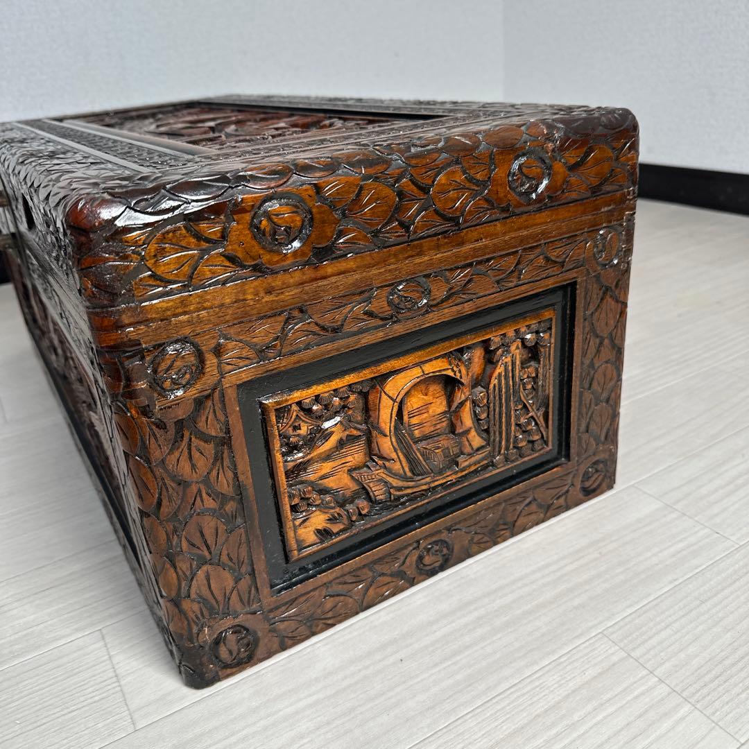 細密彫刻 豪華 木彫トランク アジアン家具 木箱 収納 箪笥 帆船彫刻 ※r2※