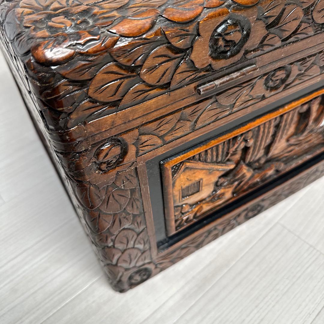 細密彫刻 豪華 木彫トランク アジアン家具 木箱 収納 箪笥 帆船彫刻 ※r2※