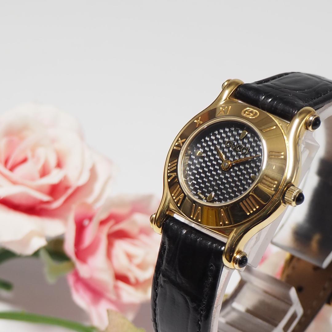美品 グッチ GUCCI 黒文字盤 革ベルト レディース 腕時計 F626