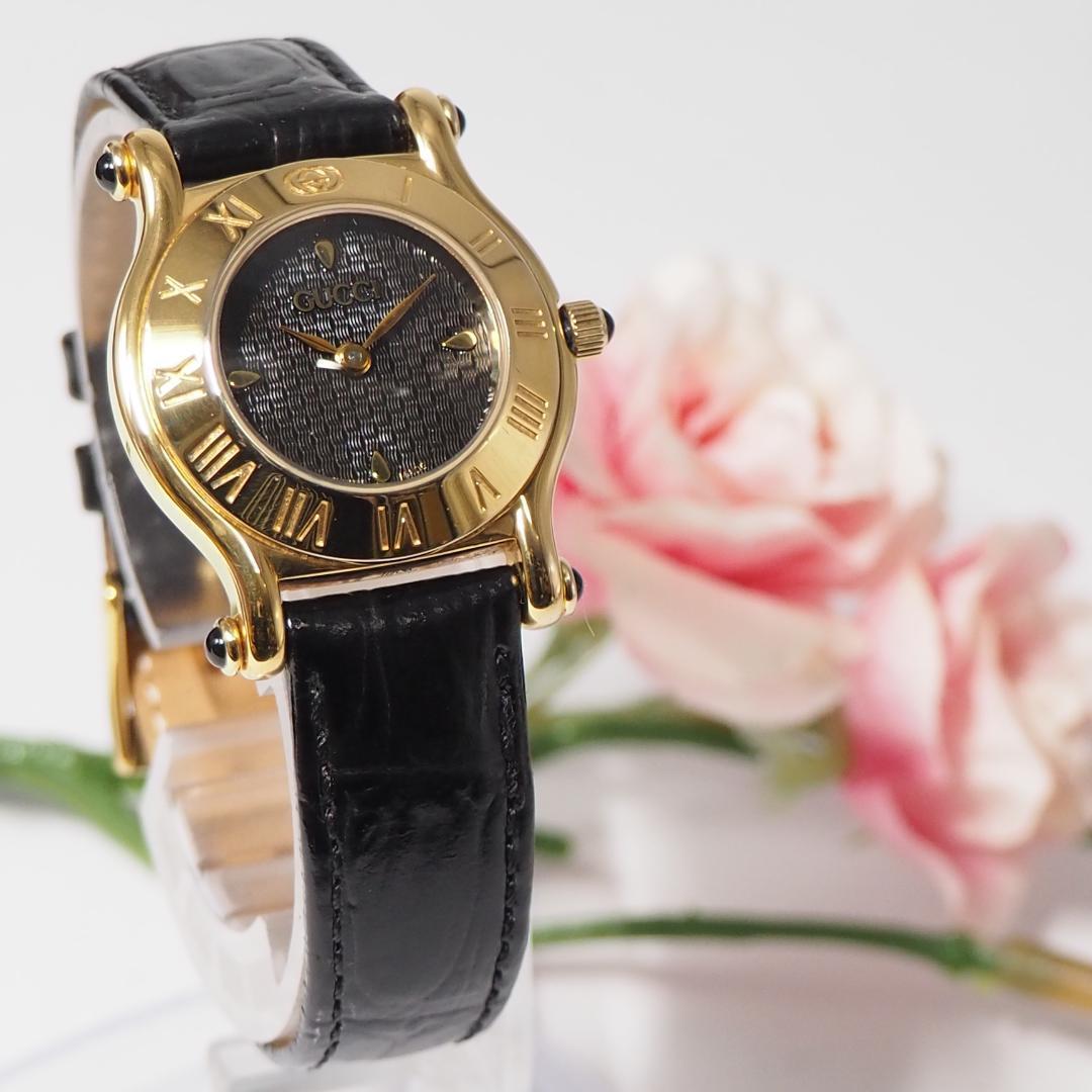 美品 グッチ GUCCI 黒文字盤 革ベルト レディース 腕時計 F626