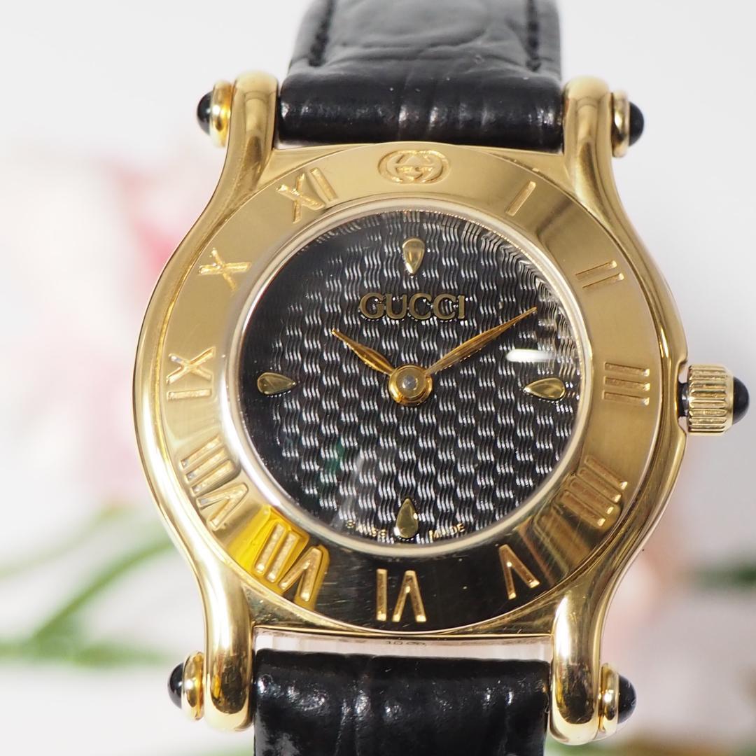 美品 グッチ GUCCI 黒文字盤 革ベルト レディース 腕時計 F626