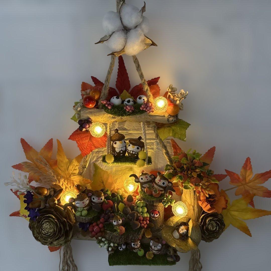 どんぐりアート♡紅葉狩りトライアングルリース＆癒しのオブジェ　２品♡