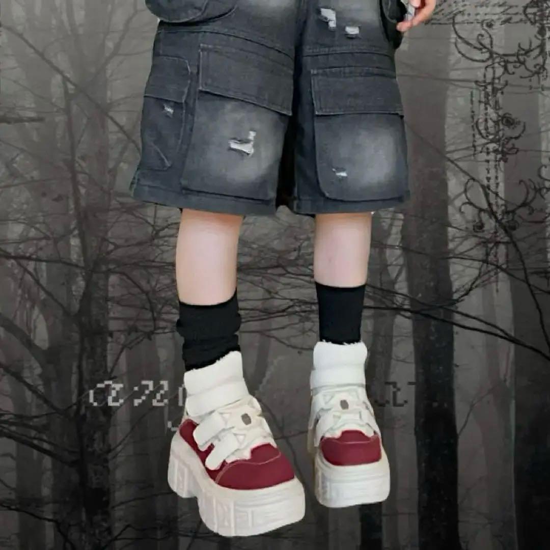 NEW ROCK風　ニューロック スニーカー　ベージュ　赤　ベルト　厚底