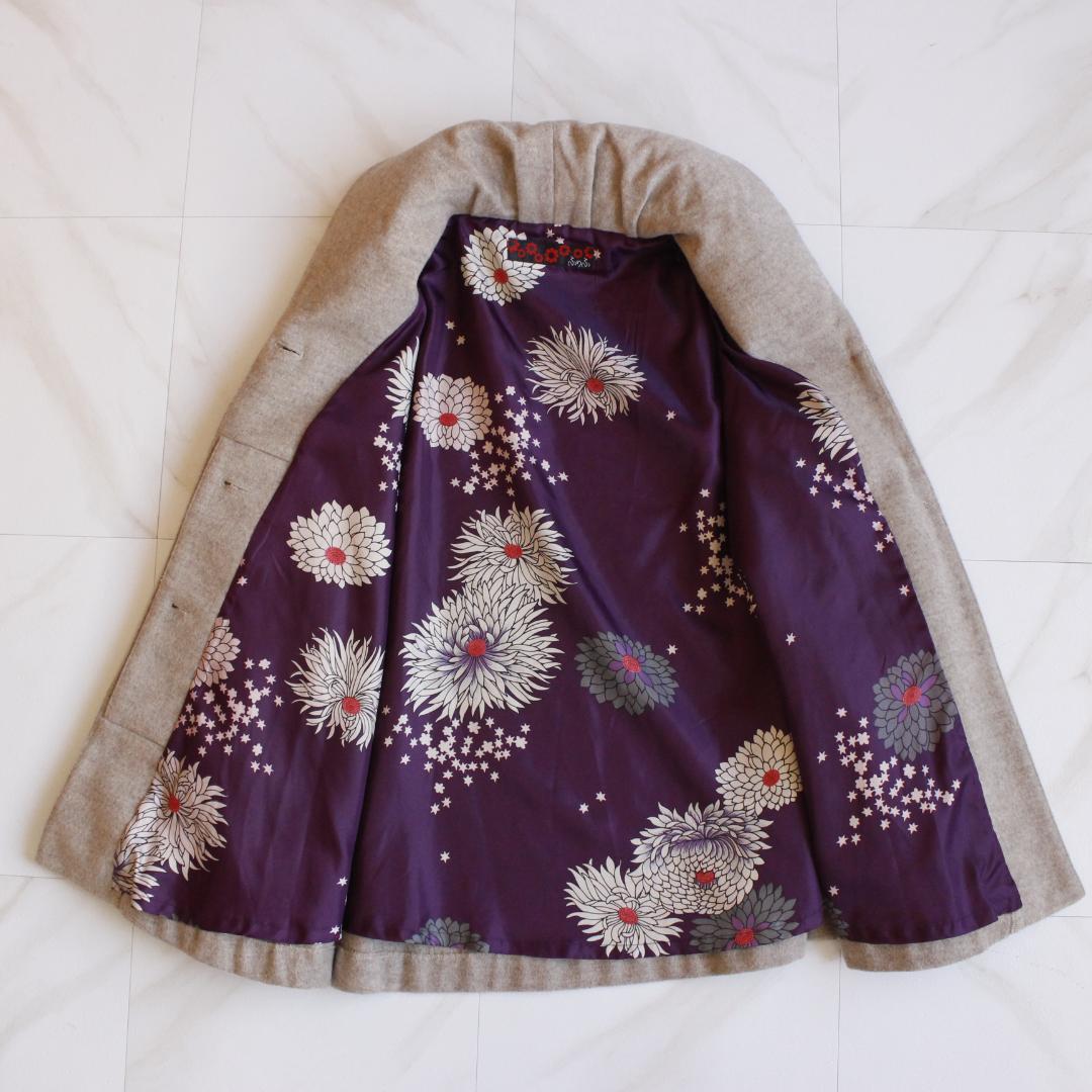 ふりふ 花柄ポンチョ Mサイズ ベージュ ウール 裏地花柄